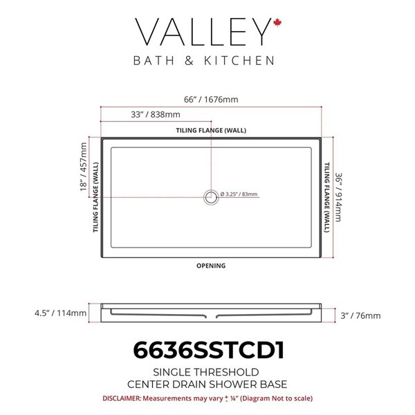 Valley Bath & Kitchen 6636SSTCD1 Acrylic Single Threshold Shower Base 66 x 36-in w/ Centre Drain - White