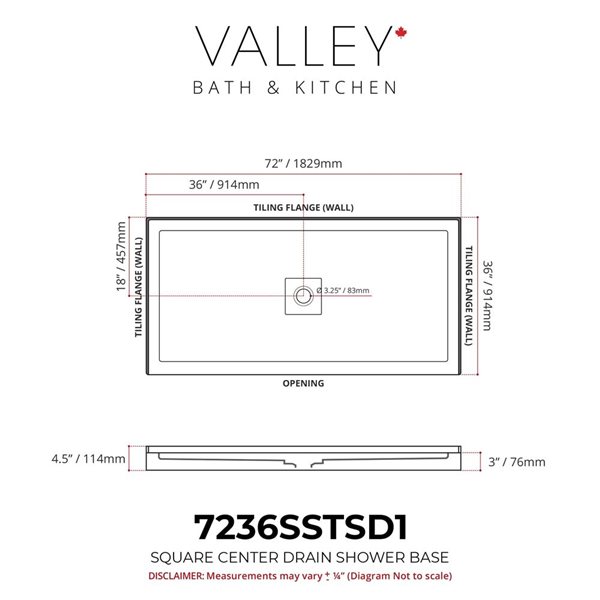 Valley Bath & Kitchen 7236SSTSD1 Acrylic Single Threshold Shower Base 72 x 36-in w/ Centre Drain - White