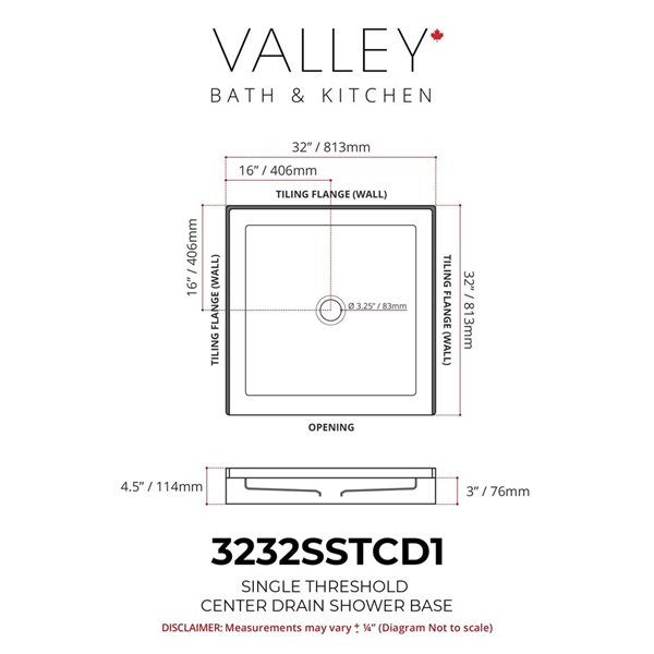 Valley Bath & Kitchen 3232SSTCD1 Acrylic Single Threshold Shower Base 32 x 32-in w/ Centre Drain - White