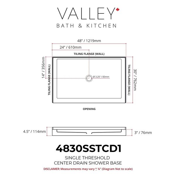 Valley Bath & Kitchen 4830SSTCD1 Acrylic Single Threshold Shower Base 48 x 30-in w/ Centre Drain - White