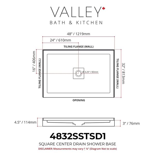 Valley Bath & Kitchen 4832SSTSD1 Acrylic Single Threshold Shower Base 48 x 32-in w/ Centre Drain - White