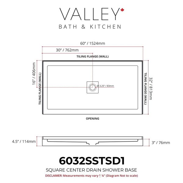 Valley Bath & Kitchen 6032SSTSD1 Acrylic Single Threshold Shower Base 60 x 32-in w/ Centre Drain - White