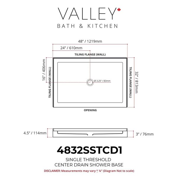 Valley Bath & Kitchen 4832SSTCD1 Acrylic Single Threshold Shower Base 48 x 32-in w/ Centre Drain - White