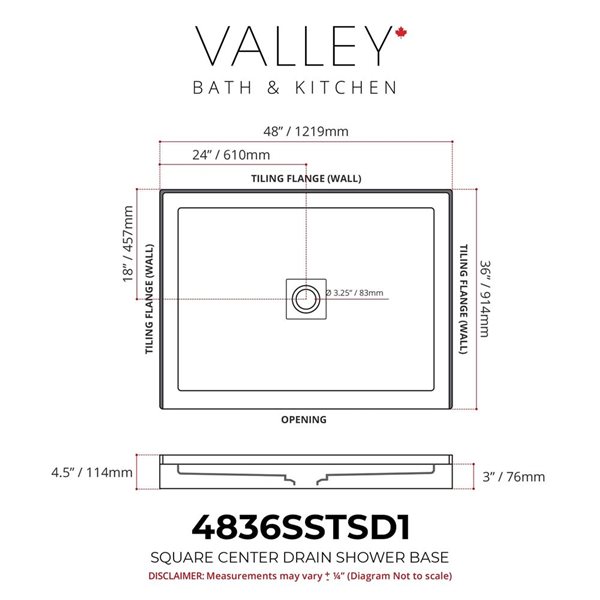 Valley Bath & Kitchen 4836SSTSD1 Acrylic Single Threshold Shower Base 48 x 36-in w/ Centre Drain - White