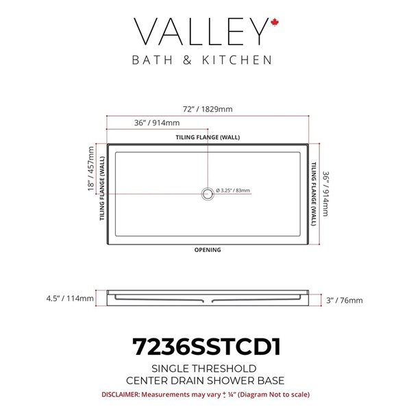 Valley Bath & Kitchen 7236SSTCD1 Acrylic Single Threshold Shower Base 72 x 36-in w/ Centre Drain - White
