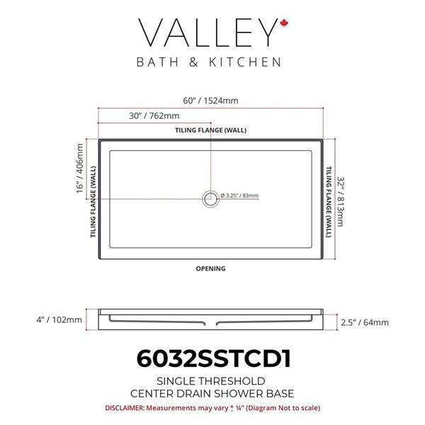 Valley Bath & Kitchen 6032SSTCD1 Acrylic Single Threshold Shower Base 60 x 32-in w/ Centre Drain - White