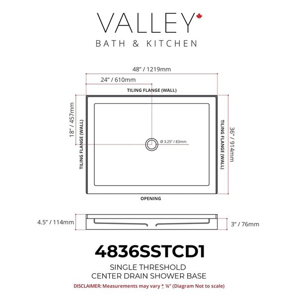 Valley Bath & Kitchen 4836SSTCD1 Acrylic Single Threshold Shower Base 48 x 36-in w/ Centre Drain - White