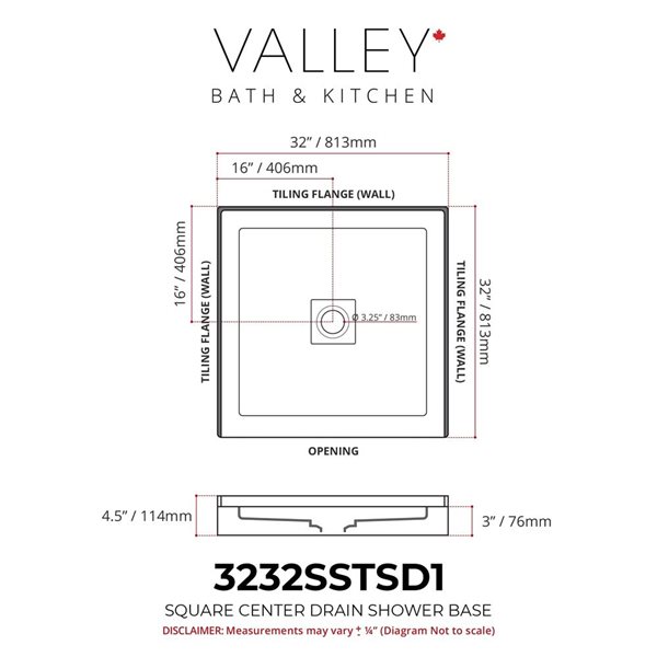 Valley Bath & Kitchen 3232SSTSD1 Acrylic Single Threshold Shower Base 32 x 32-in w/ Centre Drain - White