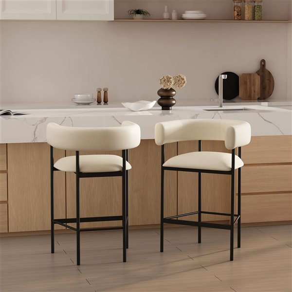 Manhattan Comfort Onda Ivory Vegan Leather Upholstered Metal Counter Stool