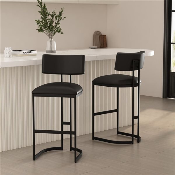 Manhattan Comfort Juno Black Vegan Leather Upholstered Metal Barstool