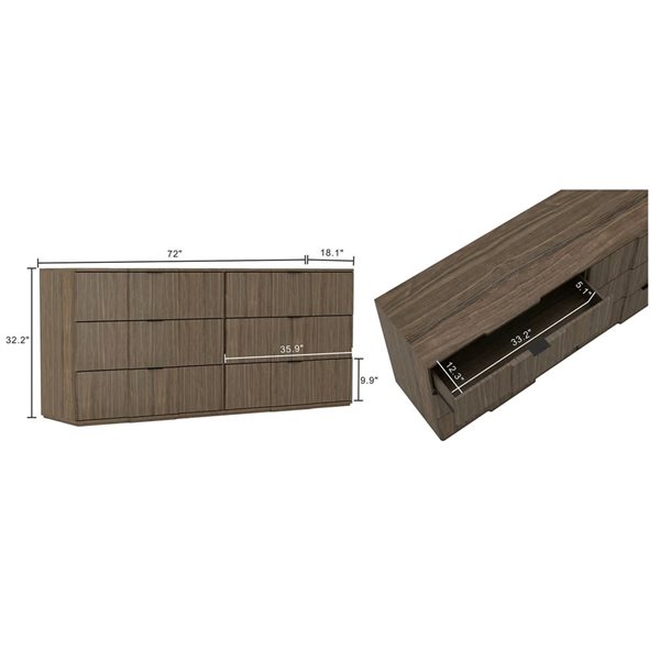 Manhattan Comfort Clive 6-Drawer Double Dresser 72-in - Walnut Brown