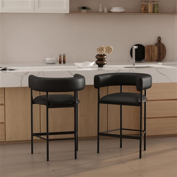 Manhattan Comfort Onda Black Vegan Leather Upholstered Metal Counter Stool