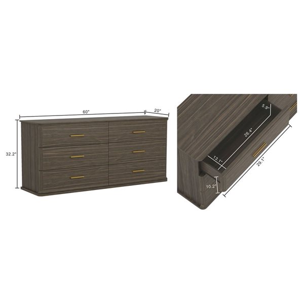 Manhattan Comfort Clifford 6-Drawer Double Dresser - Walnut Brown
