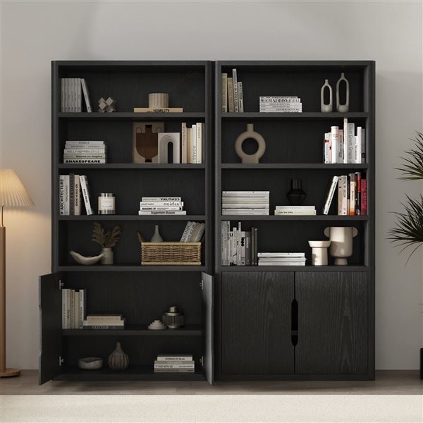 Manhattan Comfort Rivington Set of 2 Black 40-in 6-Shelf Bookcase Cabinet