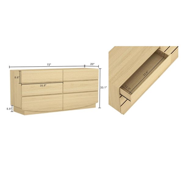 Manhattan Comfort Ardea 6-Drawer Double Dresser 72-in -Natural Oak