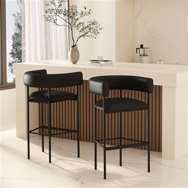 Manhattan Comfort Onda Black Vegan Leather Upholstered Metal Barstool
