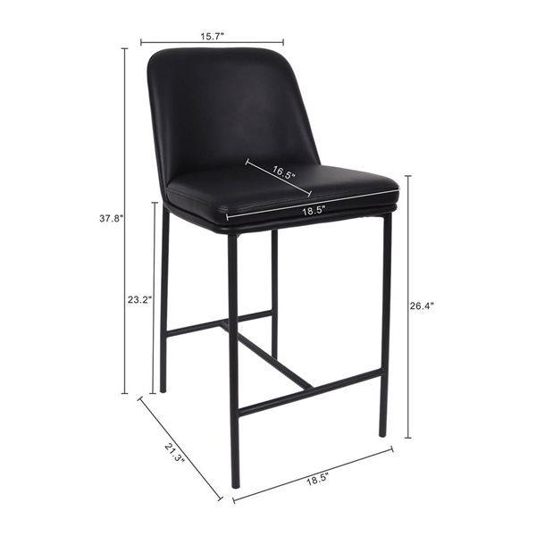Manhattan Comfort Loft Set of 2 Black Vegan Leather Upholstered Metal Counter Stool