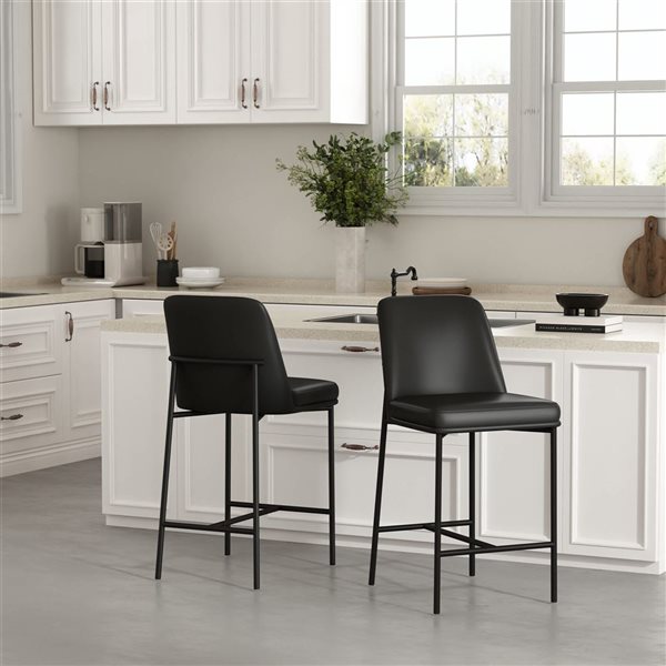 Manhattan Comfort Loft Set of 2 Black Vegan Leather Upholstered Metal Counter Stool
