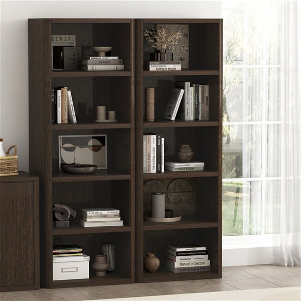 Manhattan Comfort Rivington Set of 2 Dark Walnut 28-in 5-Shelf Open Bookcase