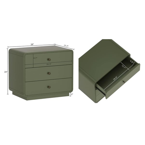 Manhattan Comfort Liora 3-Drawer Solid Wood Nightstand 28-in - Green