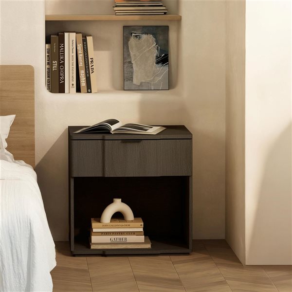 Manhattan Comfort Clive 1-Drawer Nightstand 22-in - Walnut and Black