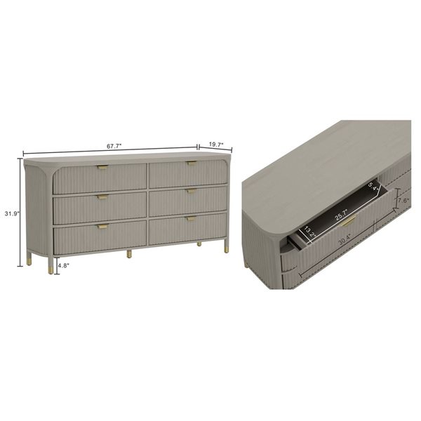 Manhattan Comfort Park 6-Drawer Solid Wood Double Dresser 68-in - Grey