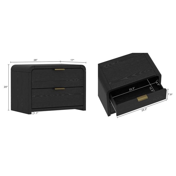 Manhattan Comfort Grace 2-Drawer Nightstand 28-in - Black and Gold