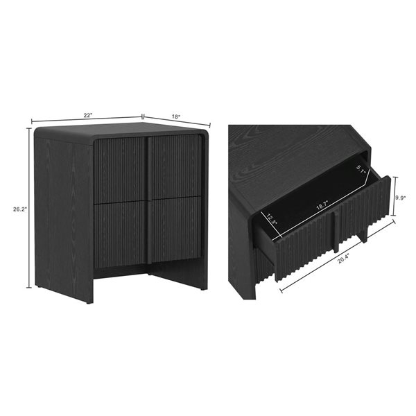 Manhattan Comfort Novara 2-Drawer Nightstand 22-in - Black