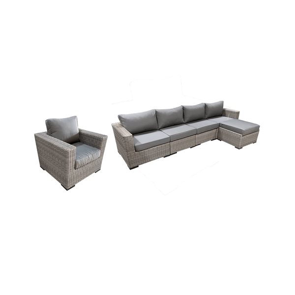 CIEUX Riviera Outdoor Patio Wicker Sectional Sofa and Club Chair Set w/ Sunbrella Cushions - Grey