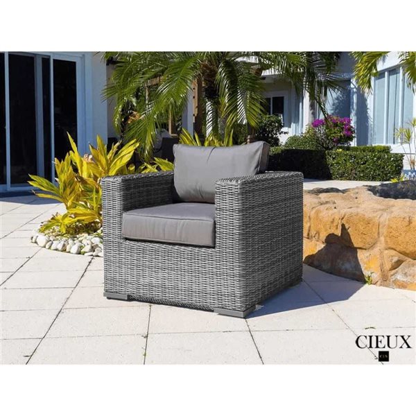 CIEUX Riviera Outdoor Patio Wicker Sectional Sofa and Club Chair Set w/ Sunbrella Cushions - Grey
