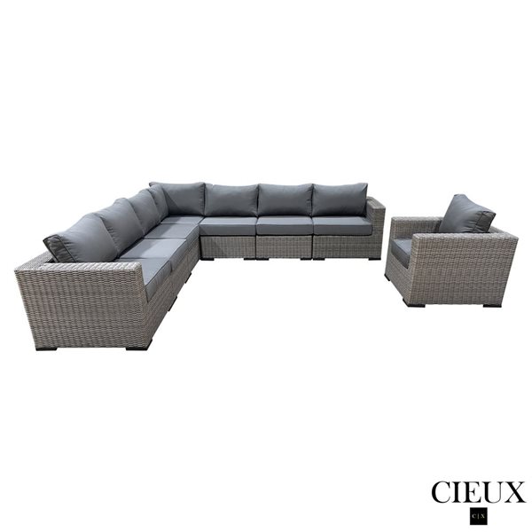 CIEUX Riviera Outdoor Patio Wicker Corner Sectional Sofa and Club Chair Set w/ Sunbrella Cushions - Grey