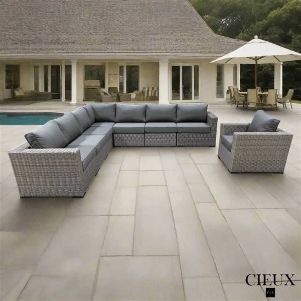 CIEUX Riviera Outdoor Patio Wicker Corner Sectional Sofa and Club Chair Set w/ Sunbrella Cushions - Grey