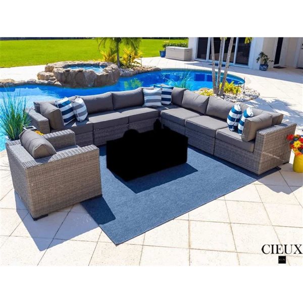 CIEUX Riviera Outdoor Patio Wicker Corner Sectional Sofa and Club Chair Set w/ Sunbrella Cushions - Grey