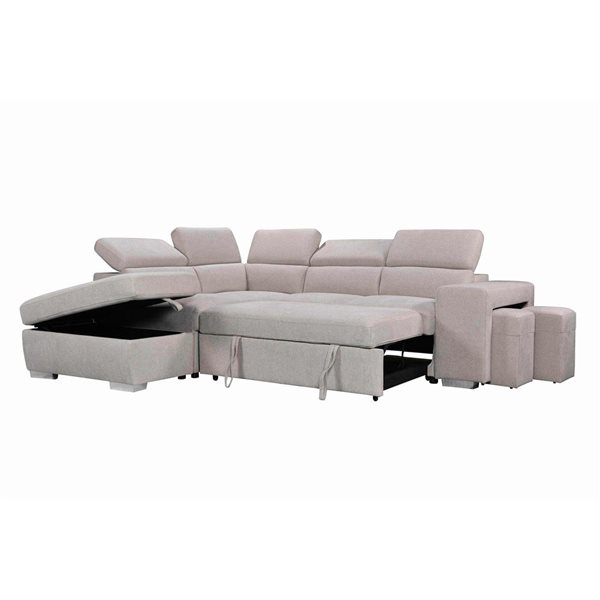 Urban Cali Pasadena Large Sleeper Sectional Sofa Bed w/ Storage Ottoman and 2 Stools - Left - Beige