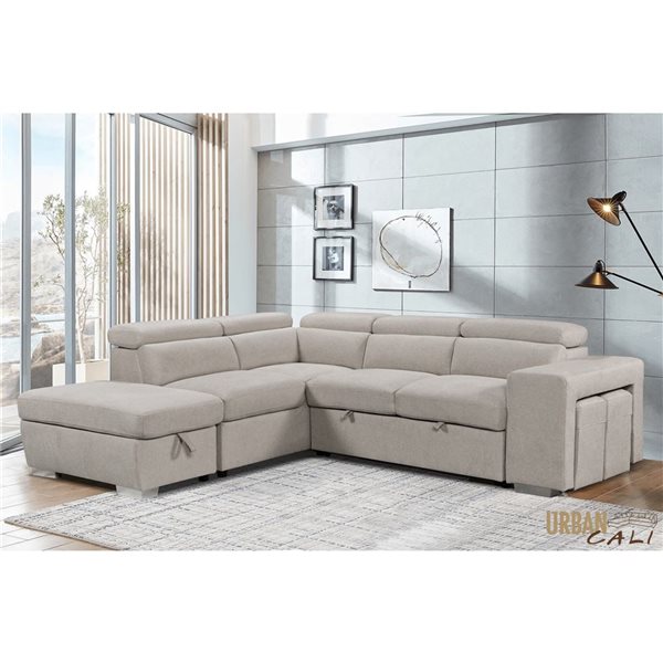 Urban Cali Pasadena Large Sleeper Sectional Sofa Bed w/ Storage Ottoman and 2 Stools - Left - Beige