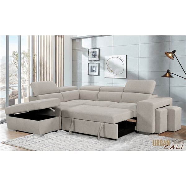 Urban Cali Pasadena Large Sleeper Sectional Sofa Bed w/ Storage Ottoman and 2 Stools - Left - Beige