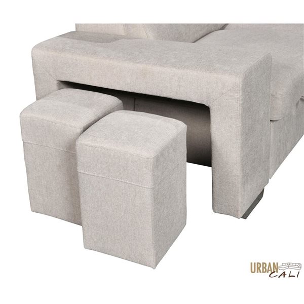 Urban Cali Pasadena Large Sleeper Sectional Sofa Bed w/ Storage Ottoman and 2 Stools - Right - Beige