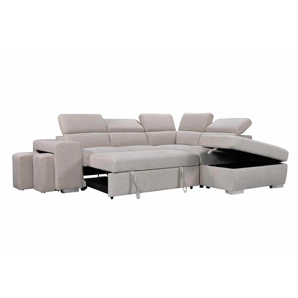 Urban Cali Pasadena Large Sleeper Sectional Sofa Bed w/ Storage Ottoman and 2 Stools - Right - Beige