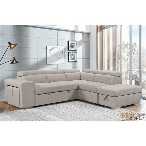 Urban Cali Pasadena Large Sleeper Sectional Sofa Bed w/ Storage Ottoman and 2 Stools - Right - Beige
