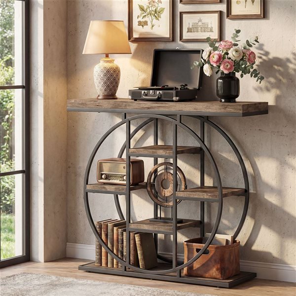 HOMCOM Industrial Entryway Table 39-in w/ Storage Shelves - Rustic Brown