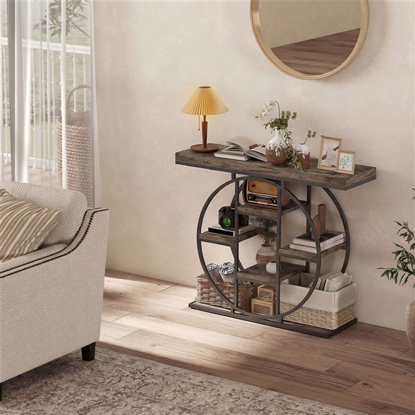HOMCOM Industrial Entryway Table 39-in w/ Storage Shelves - Rustic Brown