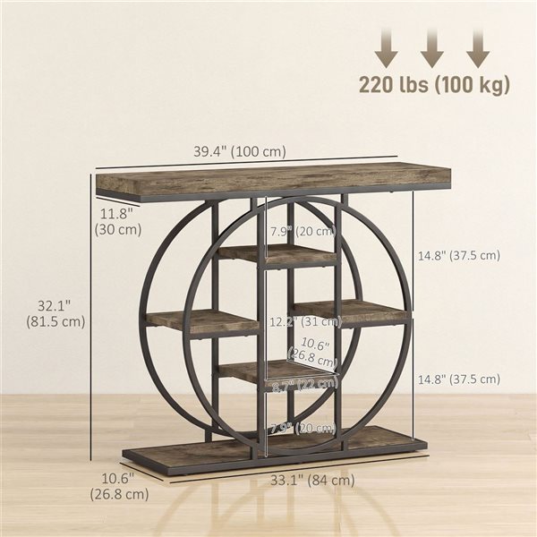 HOMCOM Industrial Entryway Table 39-in w/ Storage Shelves - Rustic Brown