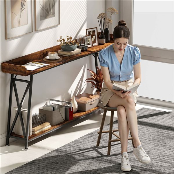 HOMCOM Entryway Console Table 71-in w/ Storage Shelf - Rustic Brown