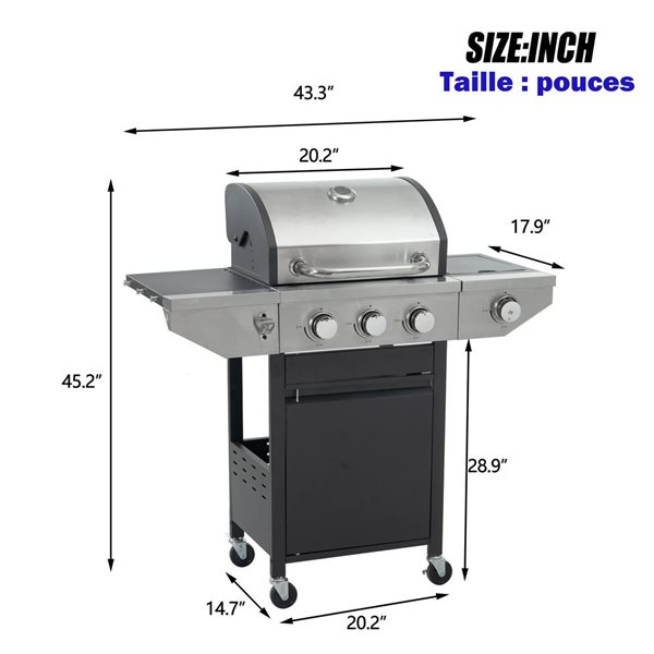 Mondawe 3-Burner Propane Gas Grill w/ Side Burner and Cooking Grates