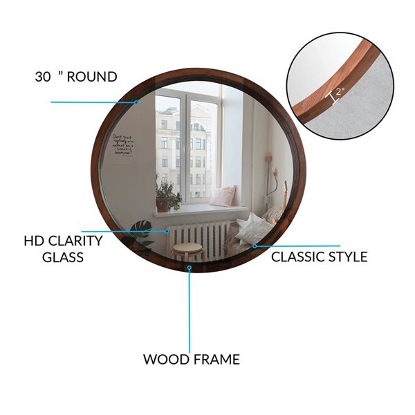 Mirrorize Canada Walnut Round Wall Mirror 30-in - Brown