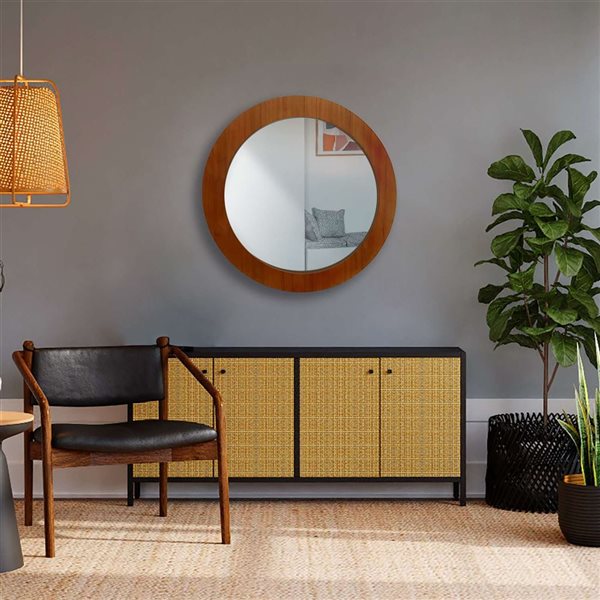 Mirrorize Canada Wood Round Wall Mirror 29-in - Brown