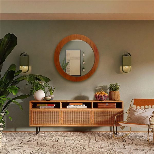 Mirrorize Canada Wood Round Wall Mirror 29-in - Brown