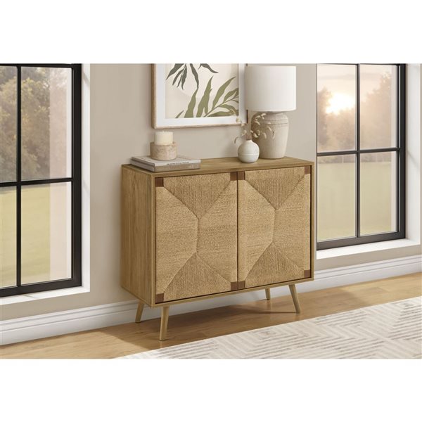 Monarch Specialties Mid-Century Sideboard w/ Light Walnut Laminate and Seagrass Look 36-in - Light