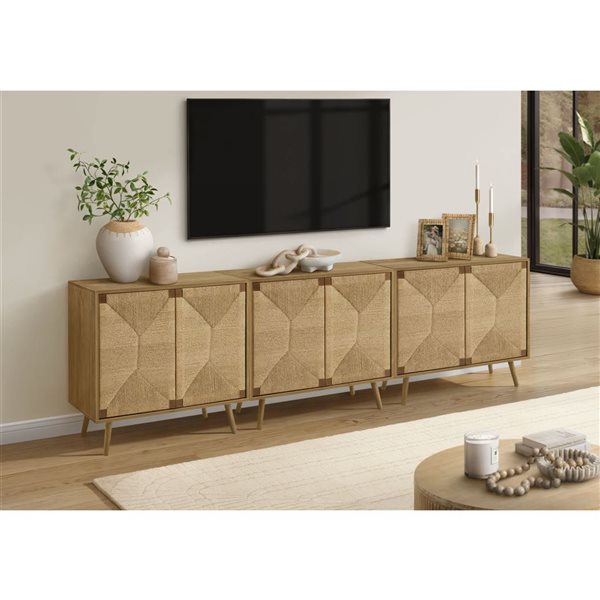 Monarch Specialties Mid-Century Sideboard w/ Light Walnut Laminate and Seagrass Look 36-in - Light