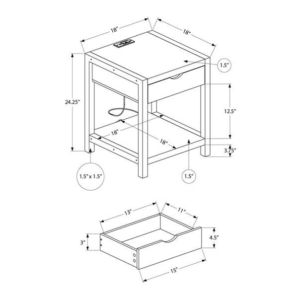 Monarch Specialties Wood Accent Table w/ Drawer and Metal Legs 24-in - Contemporary - Grey